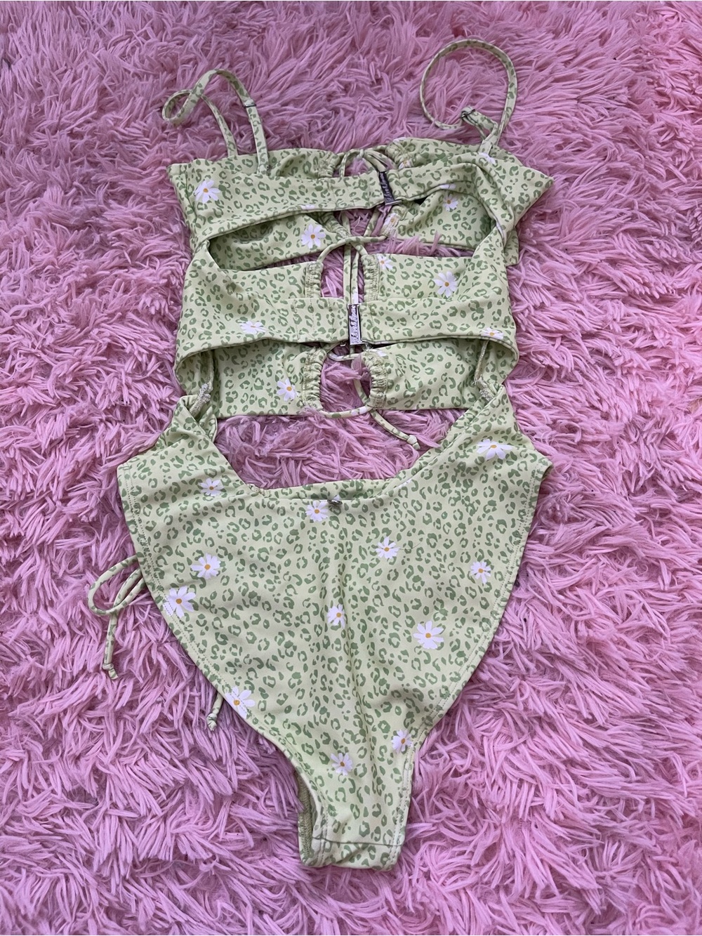 For Love & Lemons Cut Out One Piece Swimsuit XS Green Leopard Daisy Lace Up - Picture 4 of 9